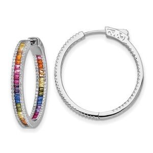 New Prizma Sterling Silver White and Colorful CZ In and Out Hinged Hoop Earrings
